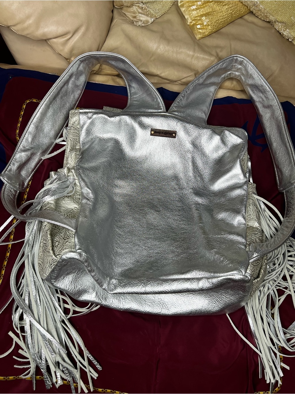 Keep It Gypsy Silver Leather Hair-On-Hide Fringe Backpack | Western Boho | Large - Picture 7 of 12